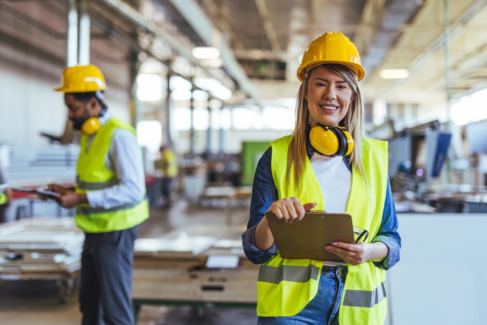 A woman in a yellow hard hat and high-visibility vest smiles while holding a clipboard in a factory. Another worker in safety gear is in the background, blurred and using a tablet. The setting is industrial and brightly lit.