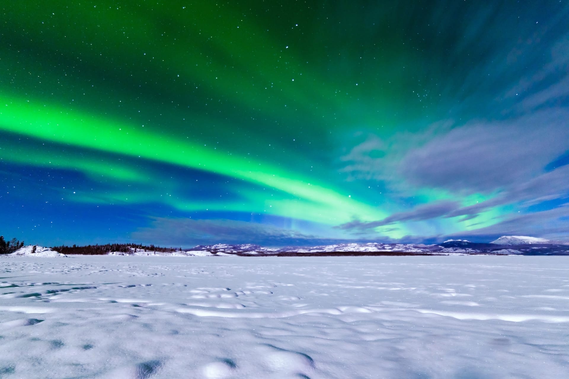 Spectacular display of intense Northern Lights or Aurora borealis or polar lights forming green swirls over frozen Lake Laberge, Yukon Territory, Canada winter landscape