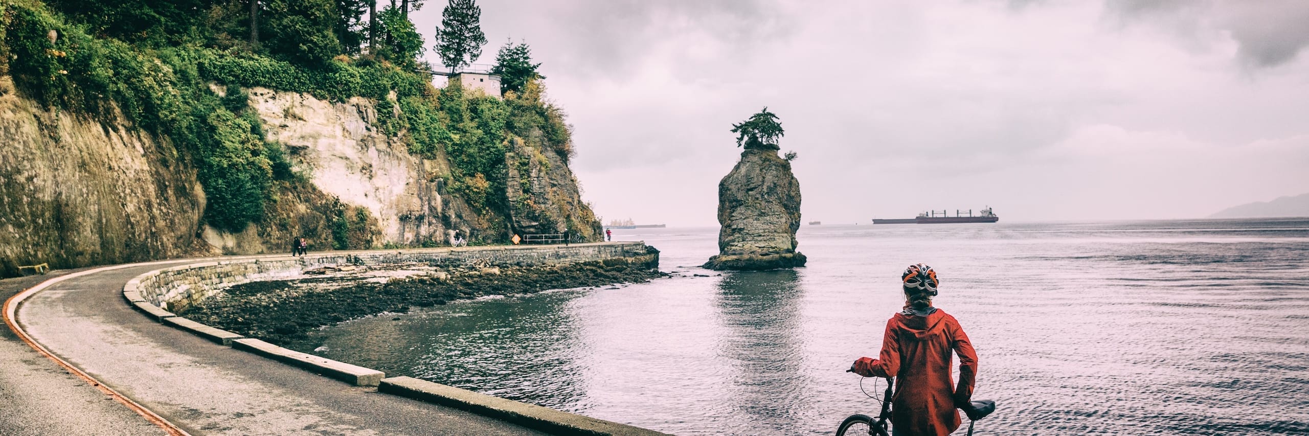 A person in a red raincoat and helmet stands with a bicycle by a curved seaside path, facing the sea with a large rock formation and cargo ships in the distance under a cloudy sky.